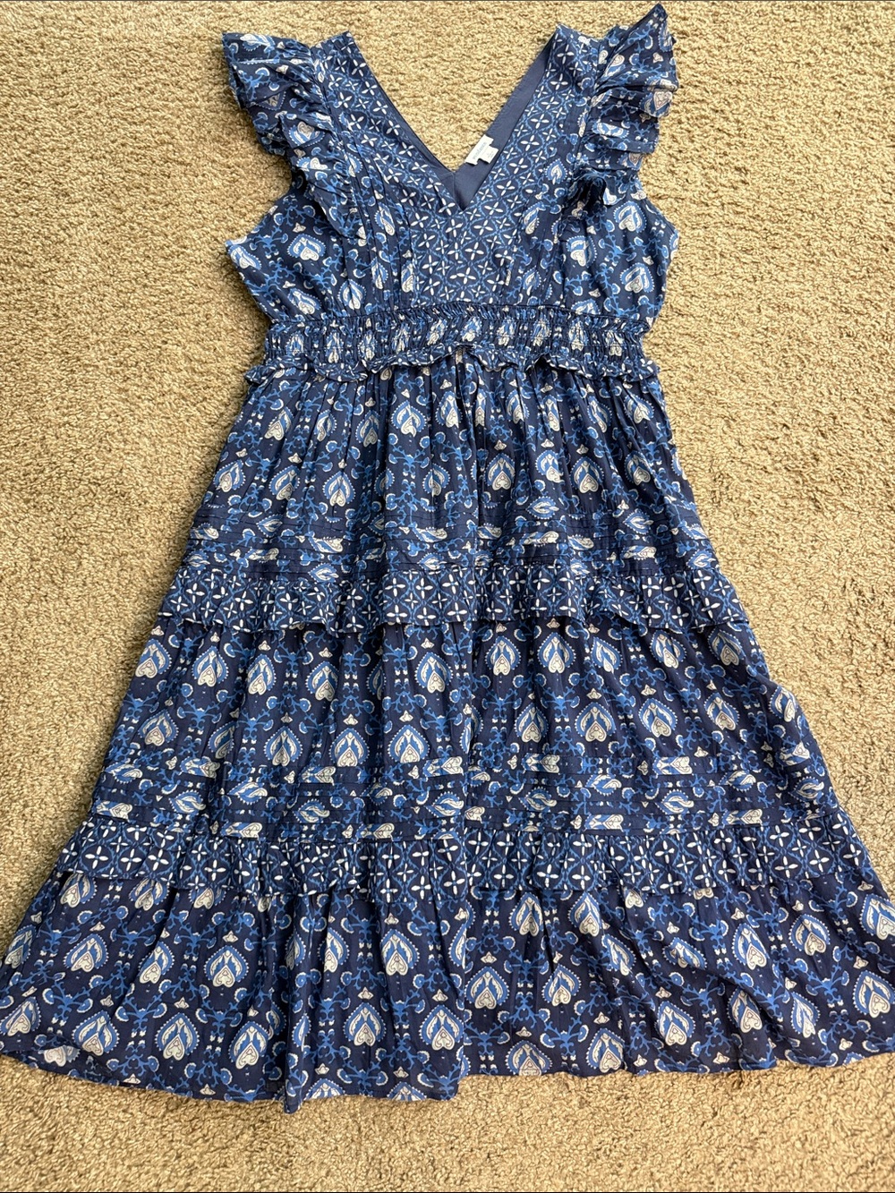 Sundance Navy and White Paisley-Print Midi Dress